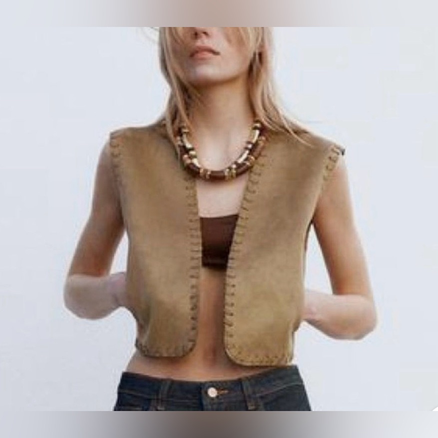 Zara Tan Faux Suede Open Short Vest With Stitch Braided Details Pockets Fall M